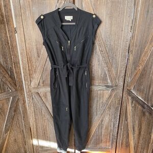 Anthropologie Jumpsuit Size S Black Halsey Utility Sleeveless Zip Belted Pockets
